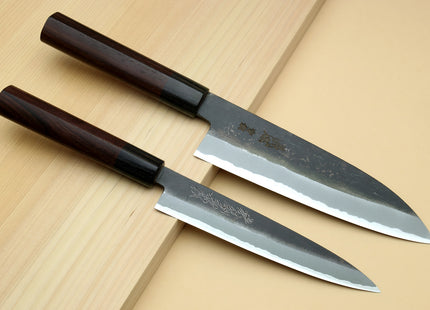 Yoshihiro Black Finish Blue Steel #2 Kurouchi Santoku and Petty Japanese Chef Knife with Saya Cover SET (D-Shape Shitan Handle)