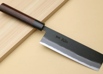 Yoshihiro Black Finish Blue Steel #2 Kurouchi Nakiri Traditional Japanese Vegetable Chopping Chef Knife 6.5" (165mm) D-Shape Shitan Handle