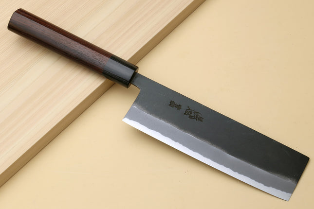 Yoshihiro Black Finish Blue Steel #2 Kurouchi Nakiri Traditional Japanese Vegetable Chopping Chef Knife 6.5" (165mm) D-Shape Shitan Handle
