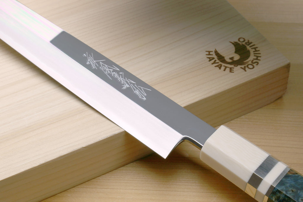 Yoshihiro Left-Handed Ginsan Mirror Polished Stain Resistant Steel Yanagi Sushi Sashimi Japanese Knife Octagonal Handle with Alternative Ivory Bolster