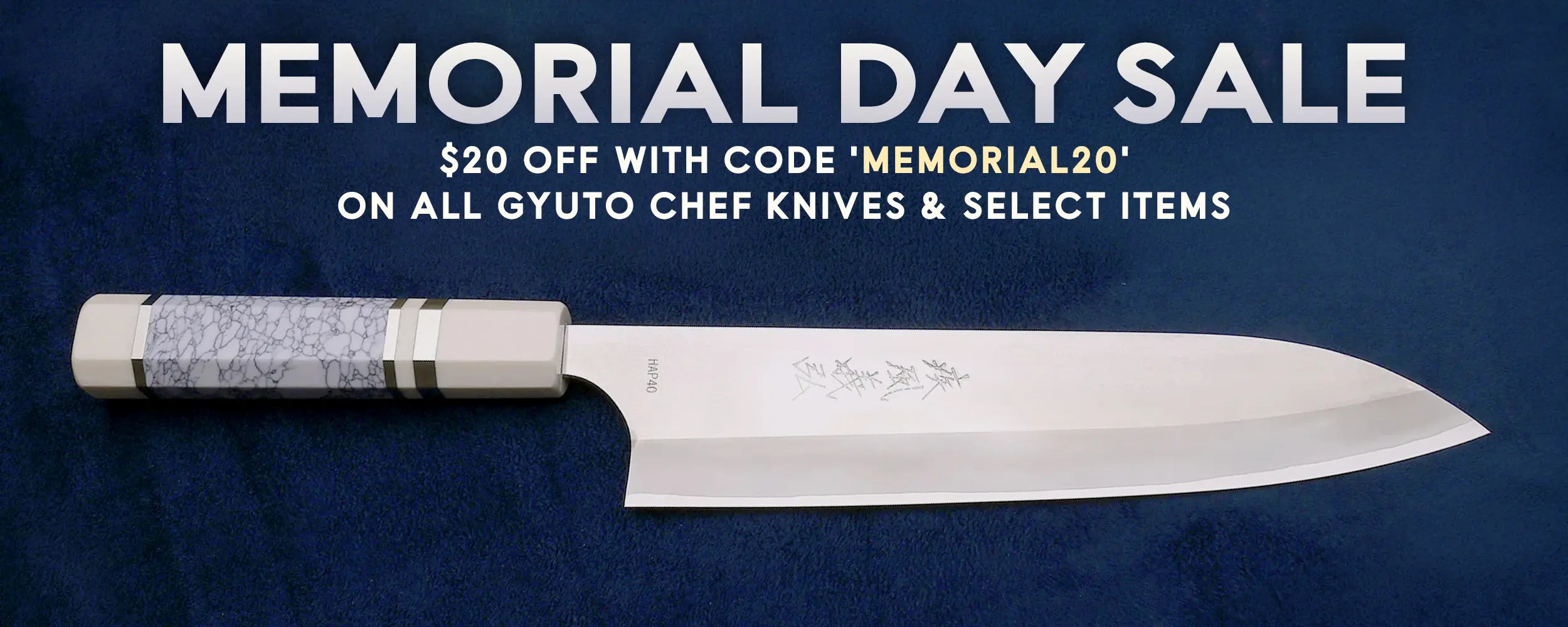 Promotional banner for Memorial Day sale with a Gyuto chef knife on a dark blue background.