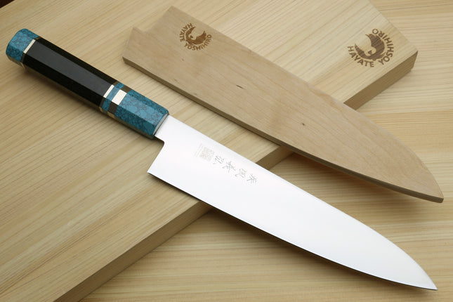 Yoshihiro AUS10 Ice Hardened Stainless Steel Gyuto Japanese Chef Knife with Turquoise Blue Handle 8.25" (210mm)