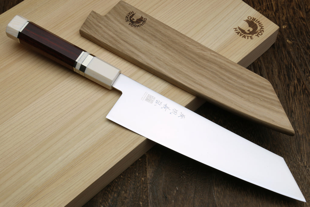 Kiritsuke chef knife with white stainless blade, rosewood handle, ivory-look bolster.