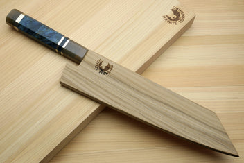 Kiritsuke chef knife with ocean blue handle and engraved wooden saya