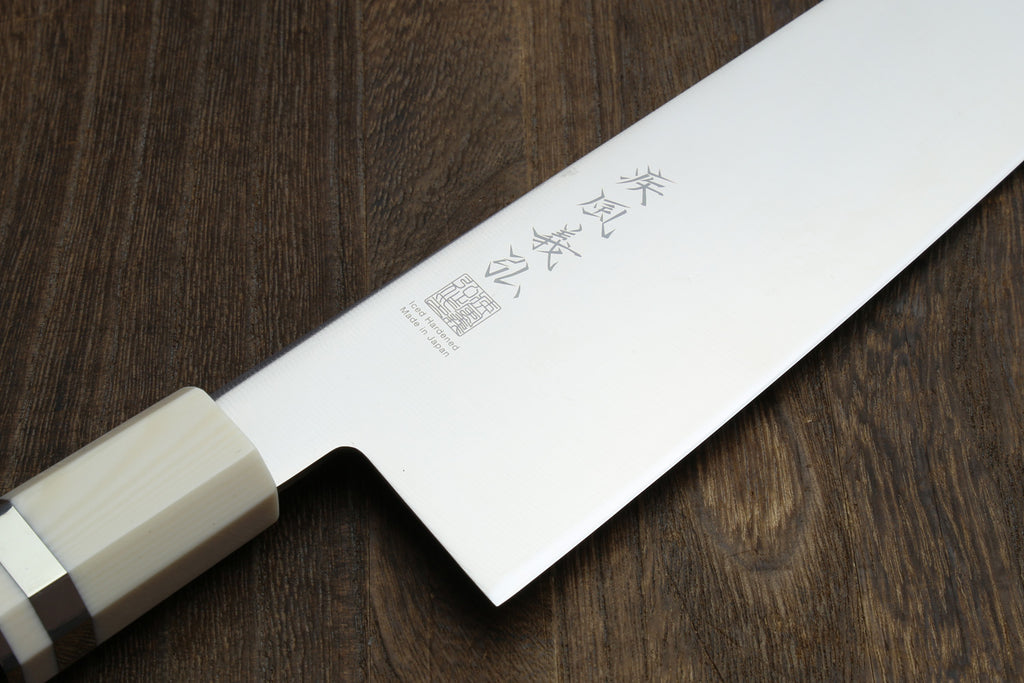 Yoshihiro AUS10 Ice Hardened Stainless Steel Kiritsuke Japanese Chef Knife Ebony Wood Handle with Alternative Ivory Bolster