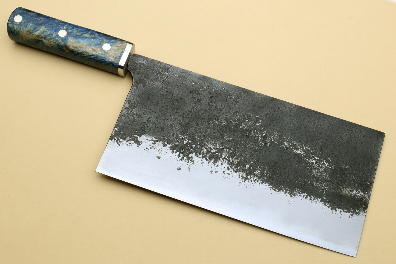 Yoshihiro Nashiji High Carbon Blue Steel #2 Chinese-Style Cleaver Vegetable Knife with Stabilized Maple Burl Handle (Mazaki Special Edition: TYPE A)