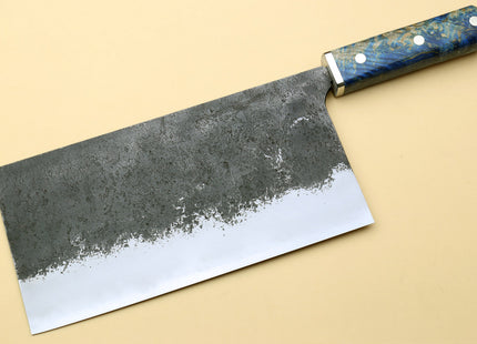 Yoshihiro Nashiji High Carbon Blue Steel #2 Chinese-Style Cleaver Vegetable Knife with Stabilized Maple Burl Handle (Mazaki Special Edition: TYPE A)