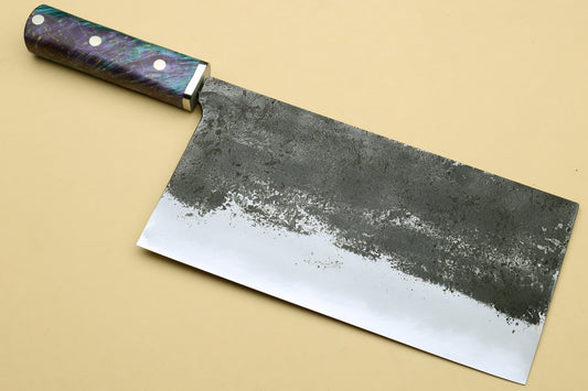 Yoshihiro Nashiji High Carbon Blue Steel #2 Chinese-Style Cleaver Vegetable Knife with Stabilized Maple Burl Handle (Mazaki Special Edition: TYPE B)