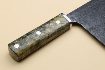 Chinese-style vegetable cleaver knife with stabilized burl handle and riveted bolster