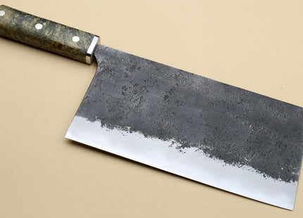 Yoshihiro Nashiji High Carbon White Steel #2 Chinese-Style Cleaver Vegetable Knife with Stabilized Maple Burl Handle (Mazaki Special Edition: TYPE D)