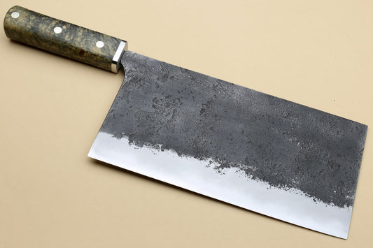 Yoshihiro Nashiji High Carbon White Steel #2 Chinese-Style Cleaver Vegetable Knife with Stabilized Maple Burl Handle (Mazaki Special Edition: TYPE D)