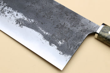 Chinese-style cleaver knife with wide silver blade and dark burl-style handle