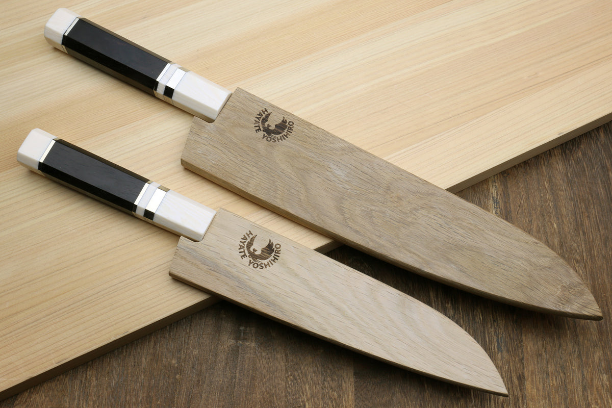 Damascus gyuto and petty knives with ivory-look octagonal handles