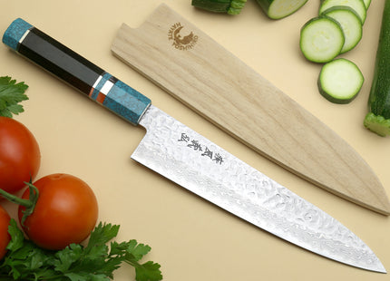 Yoshihiro VG-10 46 Layers Hammered Damascus Gyuto Japanese Chefs Knife Octagonal Turquoise Blue Handle
