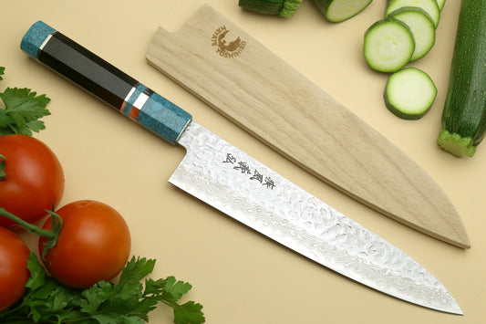 Yoshihiro VG-10 46 Layers Hammered Damascus Gyuto Japanese Chefs Knife Octagonal Turquoise Blue Handle