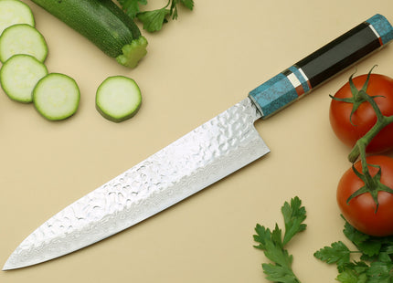 Yoshihiro VG-10 46 Layers Hammered Damascus Gyuto Japanese Chefs Knife Octagonal Turquoise Blue Handle