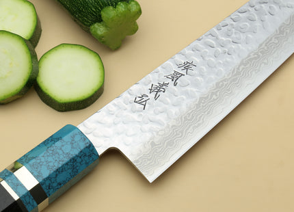Yoshihiro VG-10 46 Layers Hammered Damascus Gyuto Japanese Chefs Knife Octagonal Turquoise Blue Handle