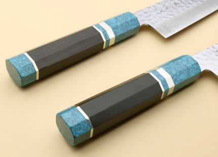 Yoshihiro VG-10 46 Layers Hammered Damascus Gyuto Japanese Chefs Knife Octagonal Turquoise Blue Handle