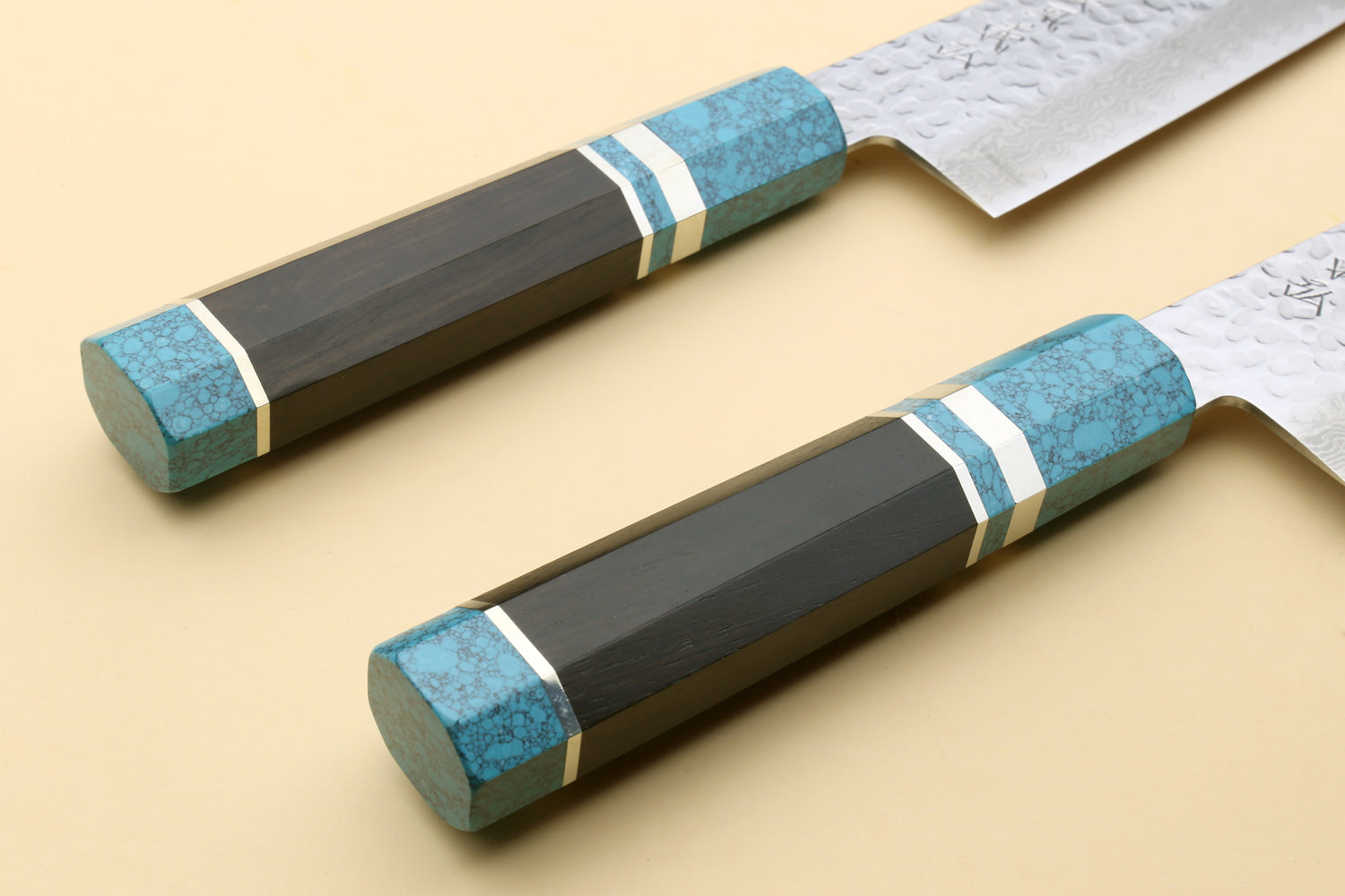 Yoshihiro VG-10 46 Layers Hammered Damascus Gyuto Japanese Chefs Knife Octagonal Turquoise Blue Handle