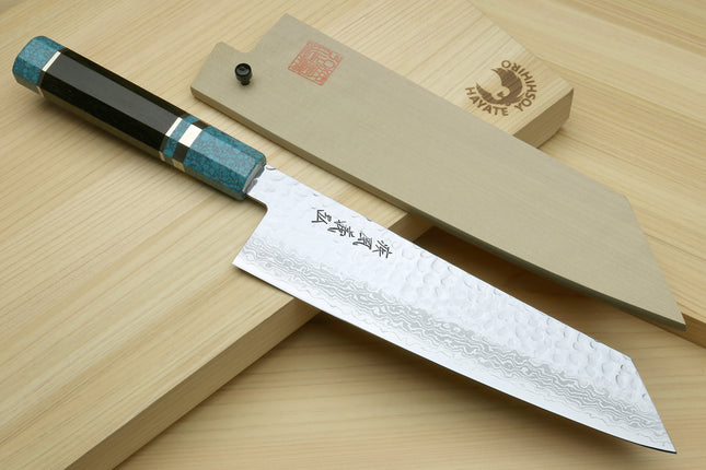 Yoshihiro VG-10 46 Layers Hammered Damascus Kiritsuke Multipurpose Japanese Chefs Knife with Octagonal Turquoise Blue Handle (Blade Length 8.25" (210mm))