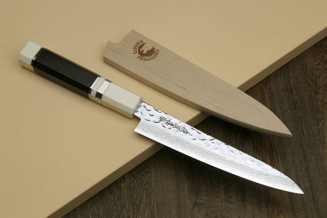 Yoshihiro VG-10 46 Layers Hammered Damascus Petty Utility Japanese Chef Knife Alternative Ivory Handle (6" (150mm))