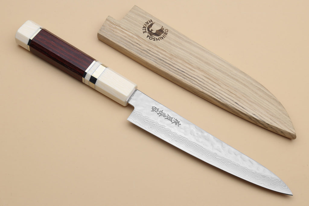 Damascus petty knife with ivory handle, plus matching wooden saya case