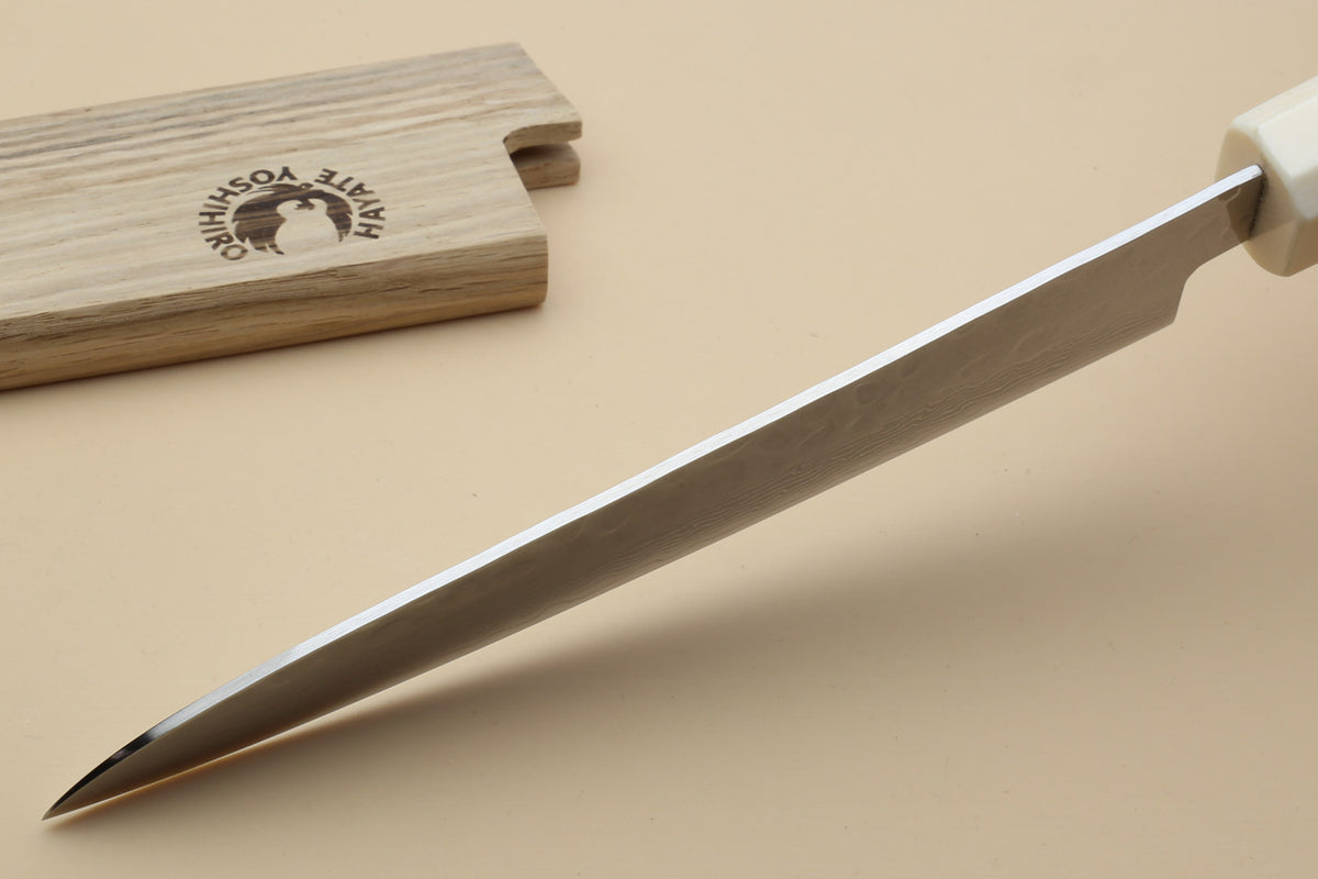 Damascus petty utility knife with pointed tip and ivory handle