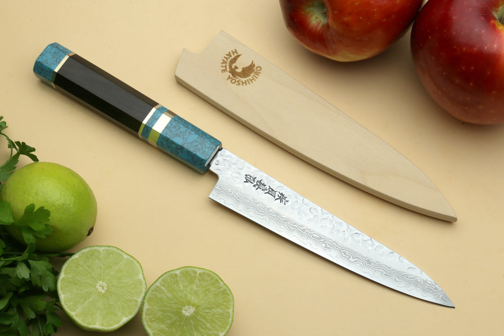 Yoshihiro VG-10 46 Layers Hammered Damascus Petty Utility Japanese Chef Knife Octagonal Turquoise Blue Handle (6" (150mm))