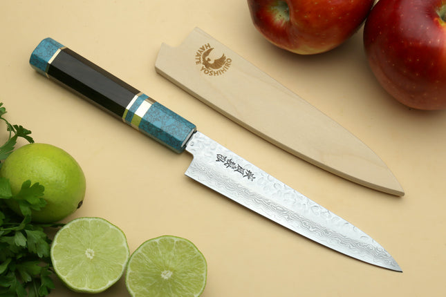 Yoshihiro VG-10 46 Layers Hammered Damascus Petty Utility Japanese Chef Knife Octagonal Turquoise Blue Handle (6" (150mm))