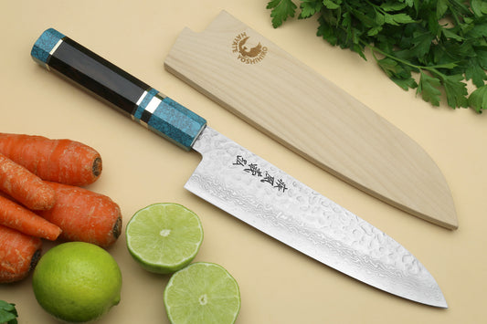 Yoshihiro VG-10 46 Layers Hammered Damascus Santoku Japanese Multipurpose Knife Octagonal Turquoise Blue Handle (Blade Length 7" (180mm))