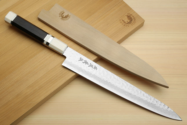 Yoshihiro VG-10 46 Layers Hammered Damascus Sujihiki Japanese Slicer Knife Octagonal Alternative Ivory Handle (Blade Length: 9.5" (240mm))