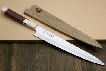 Damascus sujihiki slicer knife with hammered steel blade and rosewood octagonal handle