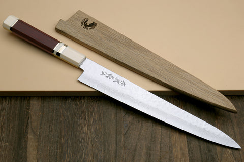 Damascus sujihiki slicer knife with hammered steel blade and rosewood octagonal handle