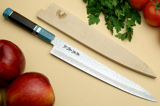 Yoshihiro VG-10 46 Layers Hammered Damascus Sujihiki Japanese Slicer Knife Octagonal Turquoise Blue Handle (Blade Length: 9.5" (240mm))