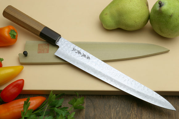 Yoshihiro VG-10 46 Layers Hammered Damascus Sujihiki Japanese Slicer Knife (Octagonal Ambrosia Handle) (9.5