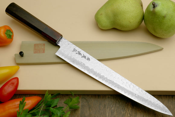 Yoshihiro VG-10 46 Layers Hammered Damascus Sujihiki Japanese Slicer Knife (Octagonal Rosewood Handle) (9.5