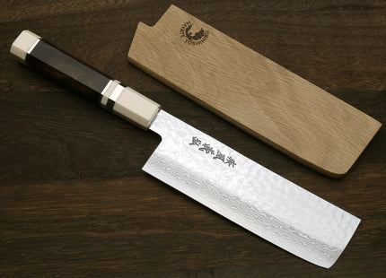 Yoshihiro VG-10 46 Layers Hammered Damascus Nakiri Japanese Vegetable Knife (6.5" (165mm)) (Ebony Handle with Alt Ivory Bolster)