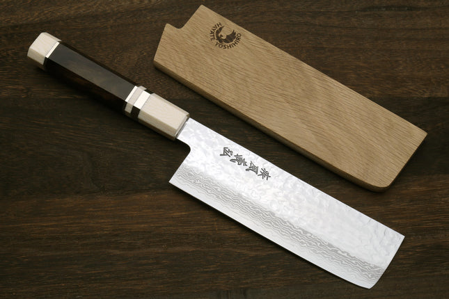 Yoshihiro VG-10 46 Layers Hammered Damascus Nakiri Japanese Vegetable Knife (6.5" (165mm)) (Ebony Handle with Alt Ivory Bolster)