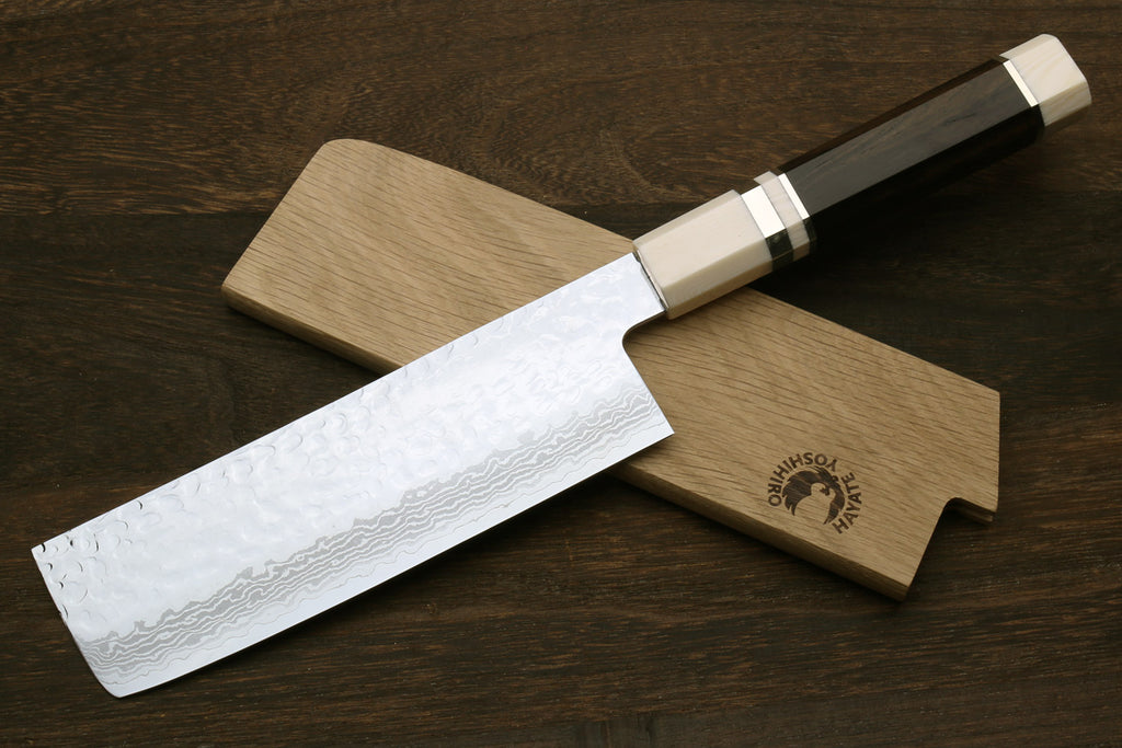 Yoshihiro VG-10 46 Layers Hammered Damascus Nakiri Japanese Vegetable Knife (6.5" (165mm)) (Ebony Handle with Alt Ivory Bolster)