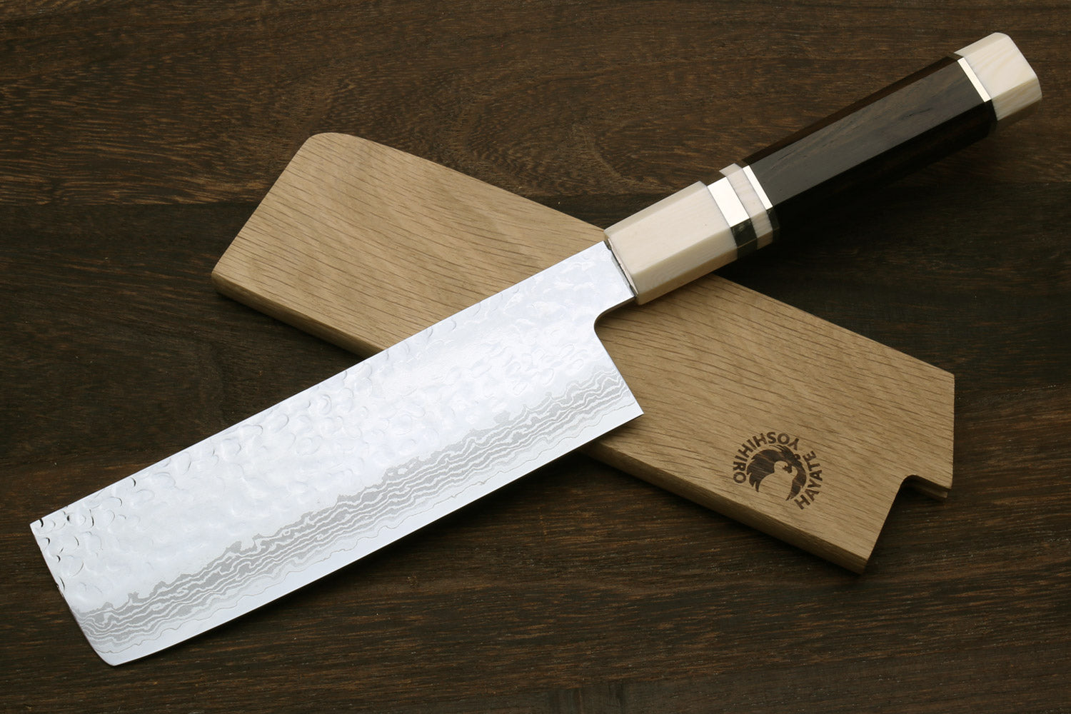 Yoshihiro VG-10 46 Layers Hammered Damascus Nakiri Japanese Vegetable Knife (6.5" (165mm)) (Ebony Handle with Alt Ivory Bolster)
