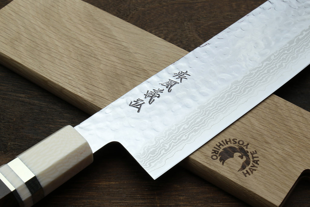 Yoshihiro VG-10 46 Layers Hammered Damascus Nakiri Japanese Vegetable Knife (6.5" (165mm)) (Ebony Handle with Alt Ivory Bolster)