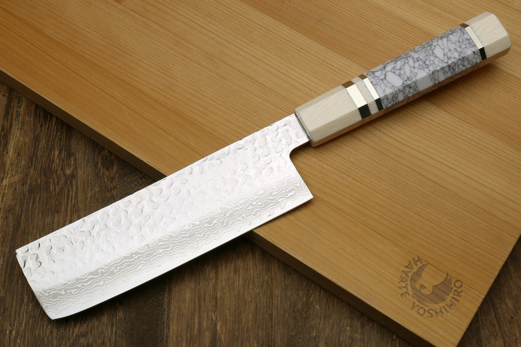 Yoshihiro VG-10 46 Layers Hammered Damascus Nakiri Japanese Vegetable Knife Howlite White Handle with Alternative Ivory Bolster(6.5" (165mm))