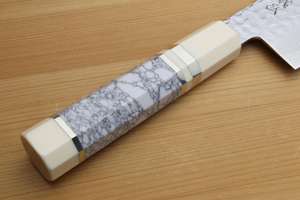 Yoshihiro VG-10 46 Layers Hammered Damascus Nakiri Japanese Vegetable Knife Howlite White Handle with Alternative Ivory Bolster(6.5" (165mm))