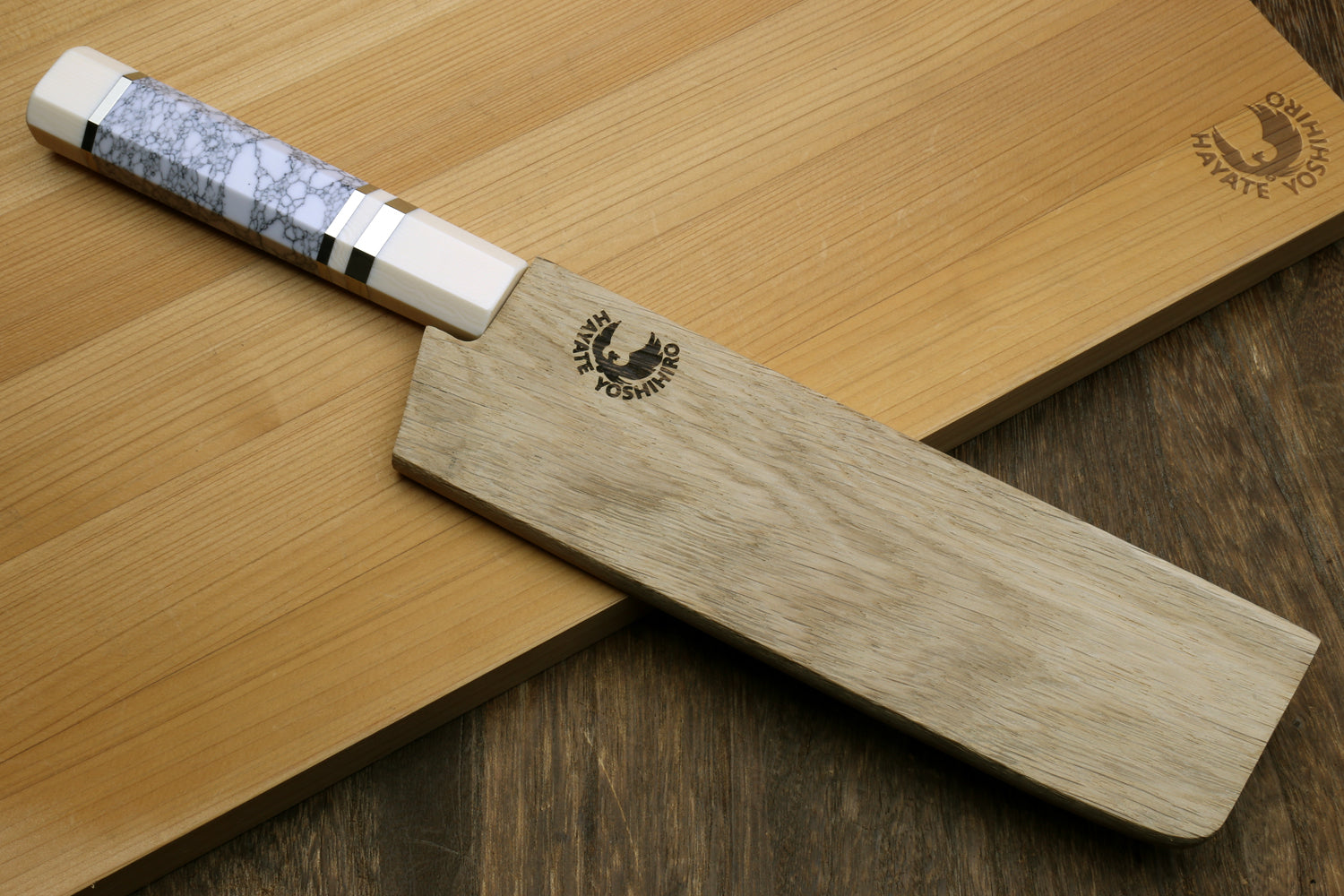 Yoshihiro VG-10 46 Layers Hammered Damascus Nakiri Japanese Vegetable Knife Howlite White Handle with Alternative Ivory Bolster(6.5" (165mm))