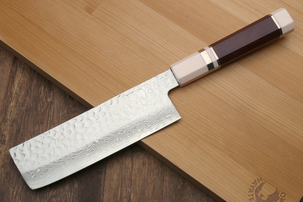Nakiri vegetable knife with hammered Damascus blade and rosewood handle, ivory bolster