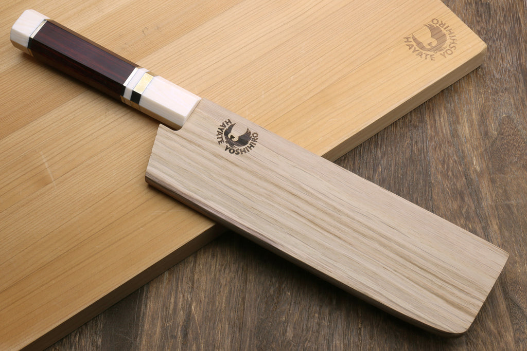 Nakiri vegetable knife with Damascus blade, rosewood handle, and wooden saya sheath