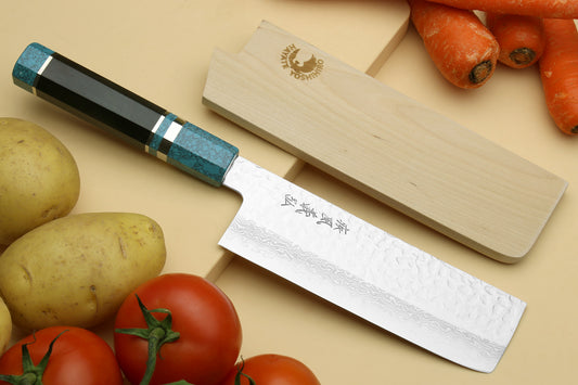 Yoshihiro VG-10 46 Layers Hammered Damascus Nakiri Japanese Vegetable Knife Octagonal Turquoise Blue Handle (Blade Length 6.5" (165mm))