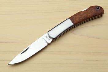 Lockback folding pocket knife with polished steel blade and brown wood handle