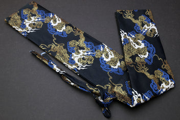 Black dragon-pattern knife pouch bag with gold, blue and white embroidery and tie straps
