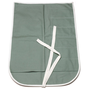 Olive-green cotton 6-slot knife pouch bag, partially folded with white tie strap